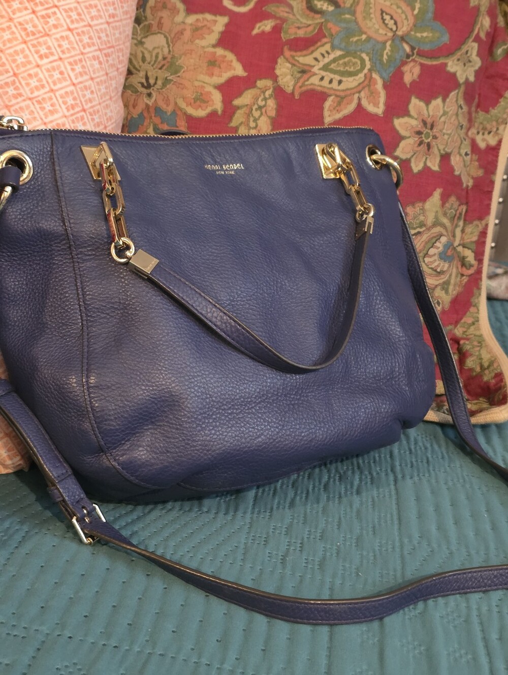 Henri Bendel Navy Blue Leather Shoulder Bag with Gold Hardware